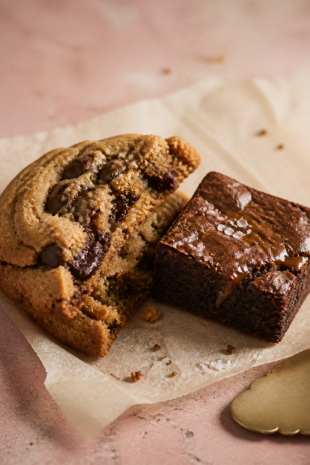 A broken-open chocolate chip cookie beside a fudgy salted caramel brownie