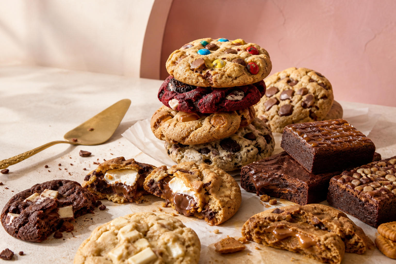 A generous selection of chunky cookies and fudgy brownies on a blush and buttercream set